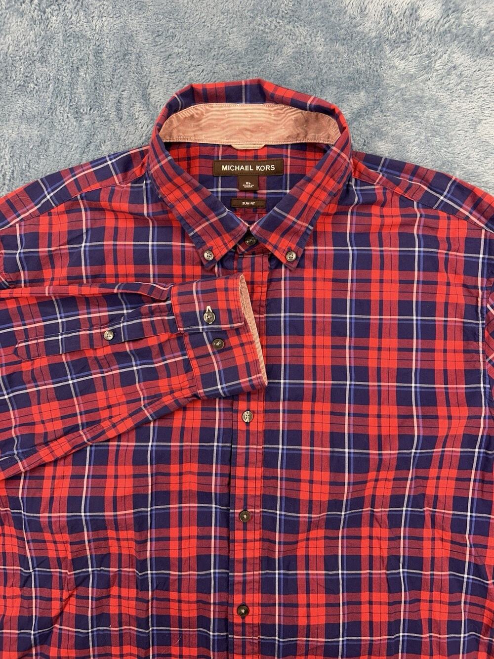 Michael Kors Flannel Shirt Red Blue Plaid Size XLarge Mens Cotton Button Down